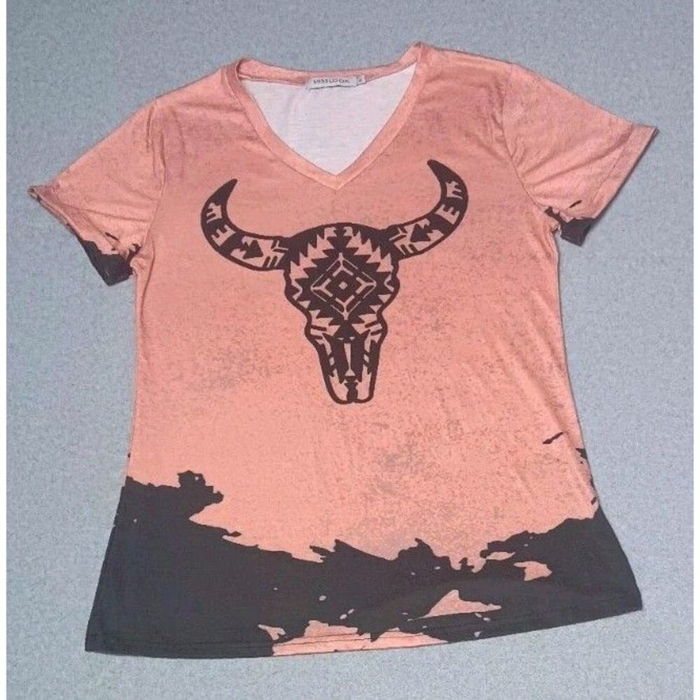Misslook Short Sleeve Western Cow Skull Graphic Tshirt Small Aztec Cowgirl Rodeo